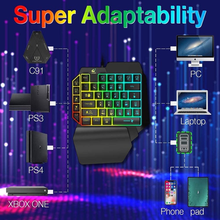 T1 Wired One Handed Gaming Keyboard Mouse Combo Ergonomic Multicolor  Backlight One-Handed Game Keyboard Mouse Set For PC