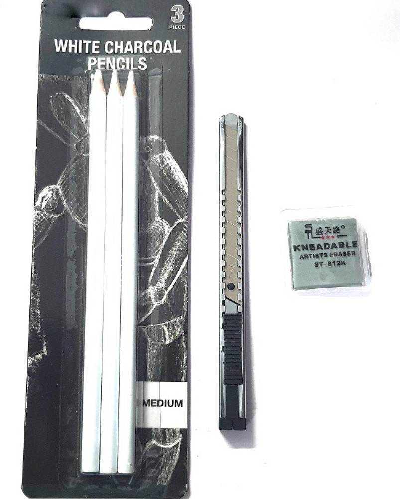 Definite 3Pc Camlin Charcoal Pencil, 2Pc White Pen, 6Pc  Blending Stump & Kneadable Eraser - Drawing Accessories - Art Set