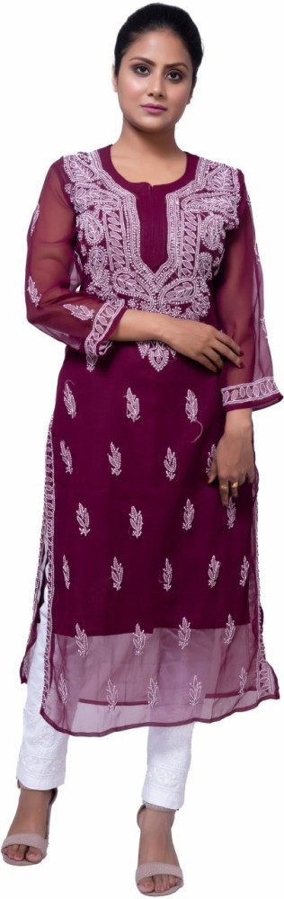 Super comfortable Beautiful Purple Lucknowi Chikankari Kurta for  women/Girls, Casual/Partywear Ready to wear Embroidered Long Straight Kurti