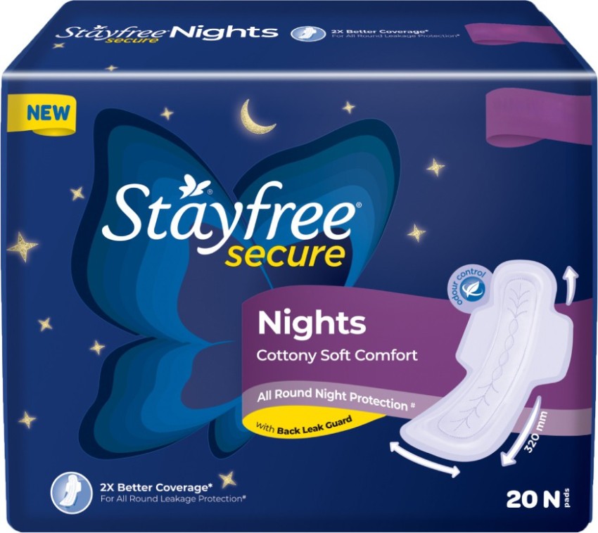 STAYFREE Secure Nights sanitary pads for women, cottony cover with 100%  leakage protection, 2x coverage for worry free sleep, 20 pads Sanitary Pad, Buy Women Hygiene products online in India