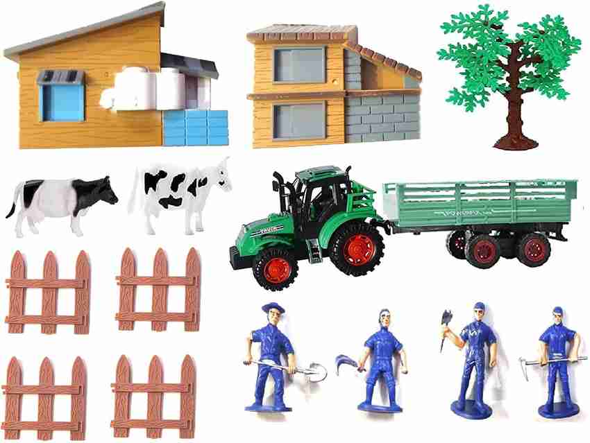 IndusBay Farm House Toy Farm Animals Playset with Cows Tractors with Trolley Farmhouse Barn Animal Fence Farmers Tree Ultimate Ranch Farming Toy Kids Farmer Toy