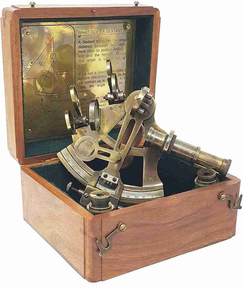 Shiny Brass Nautical Vintage Sextant with Classical Wooden Brown Box  Telescope