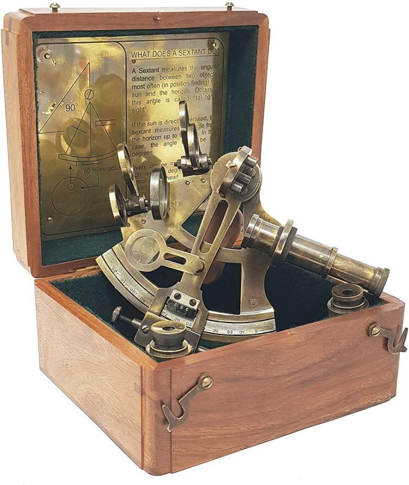 Shiny Brass Nautical Vintage Sextant with Classical Wooden Brown Box  Telescope