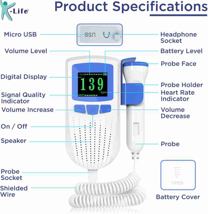 K-life Model FD-101 Professional Portable Parental Baby Heartrate Detection  Monitor Heart Beat Sound Monitoring Machine with In-built Speaker & USB  Cable White Fetal Doppler Price in India - Buy K-life Model FD-101