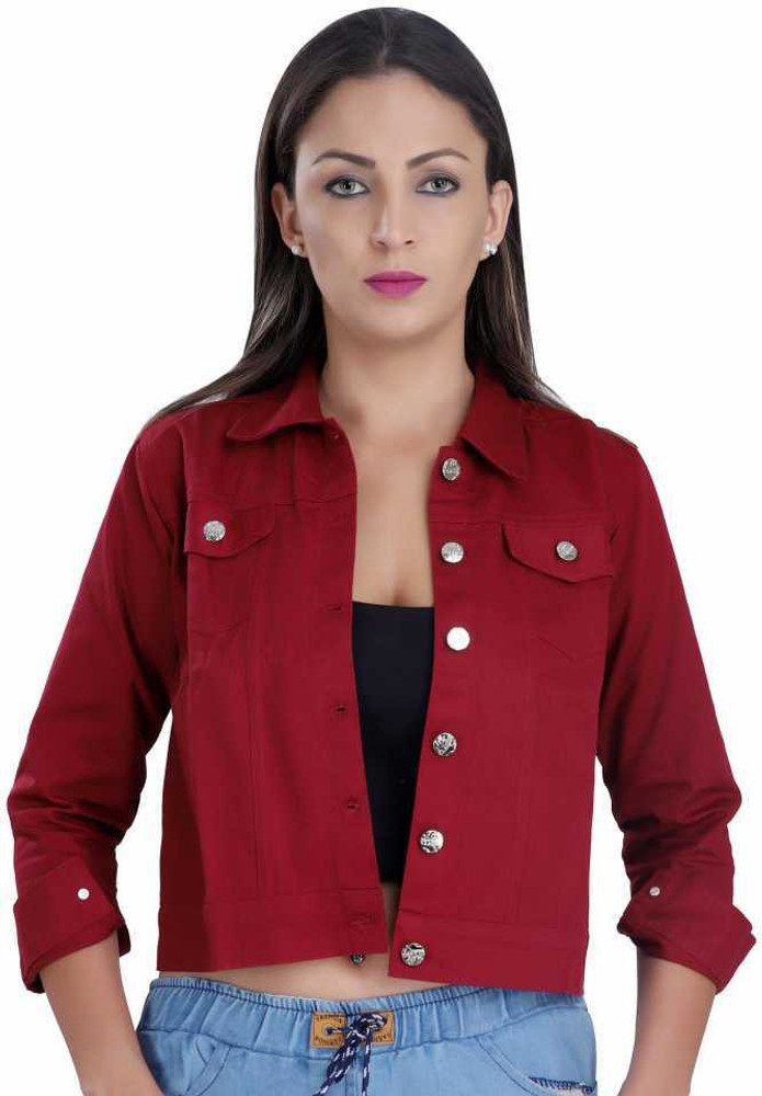Maroon color denim jacket cheap