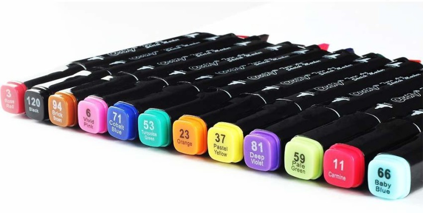 DEZIINE Imported Colours Dual Touch Twin Markers Pen One  Side and Flat Nib On Other End For Art Comic Designing pen - Set Of (120) -  marker