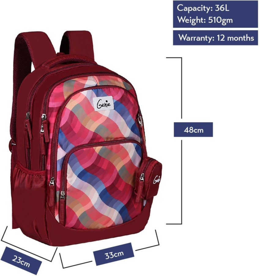 Genie Plaids 36 litres maroon School Backpack 19 inch Water