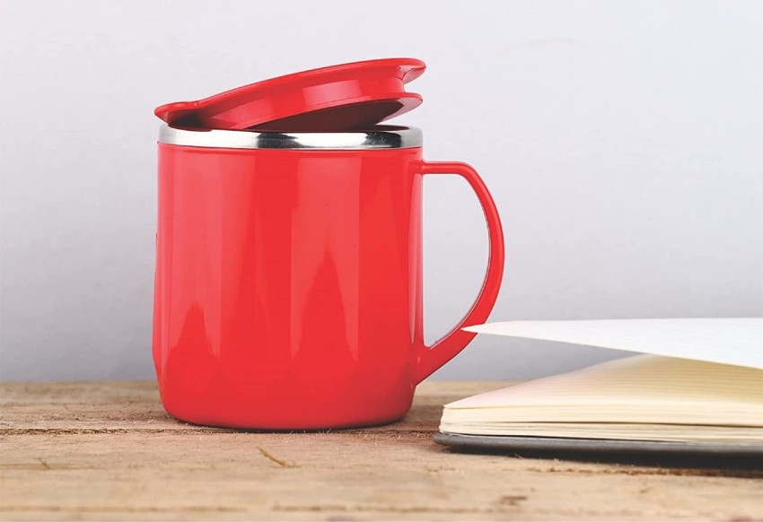 Thermoses and thermo mugs set. Red plastic stainless steel