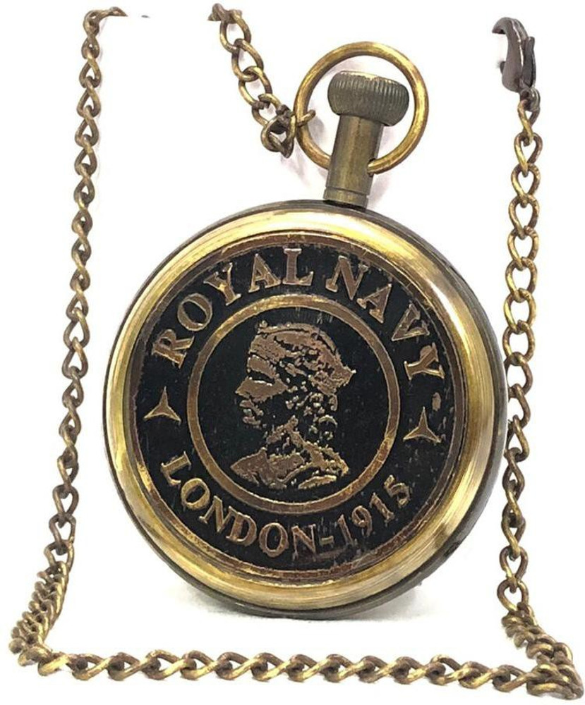 Mubco Antique Style Brass Pocket Watch with Chain | Royal Navy