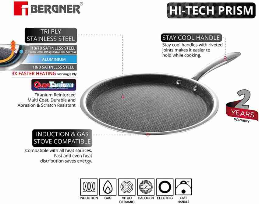 Bergner Hitech Triply Stainless Steel Scratch Resistant Non Stick Tawa/Dosa  Tawa, 28 cm, Induction Base, Food Safe (PFOA Free), 5 Years Warranty,  Silver