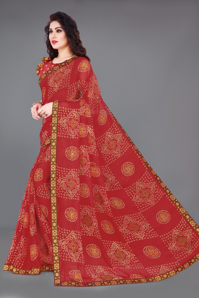 Jaanvi fashion Women's Red Chiffon Bandhani Printed Saree with