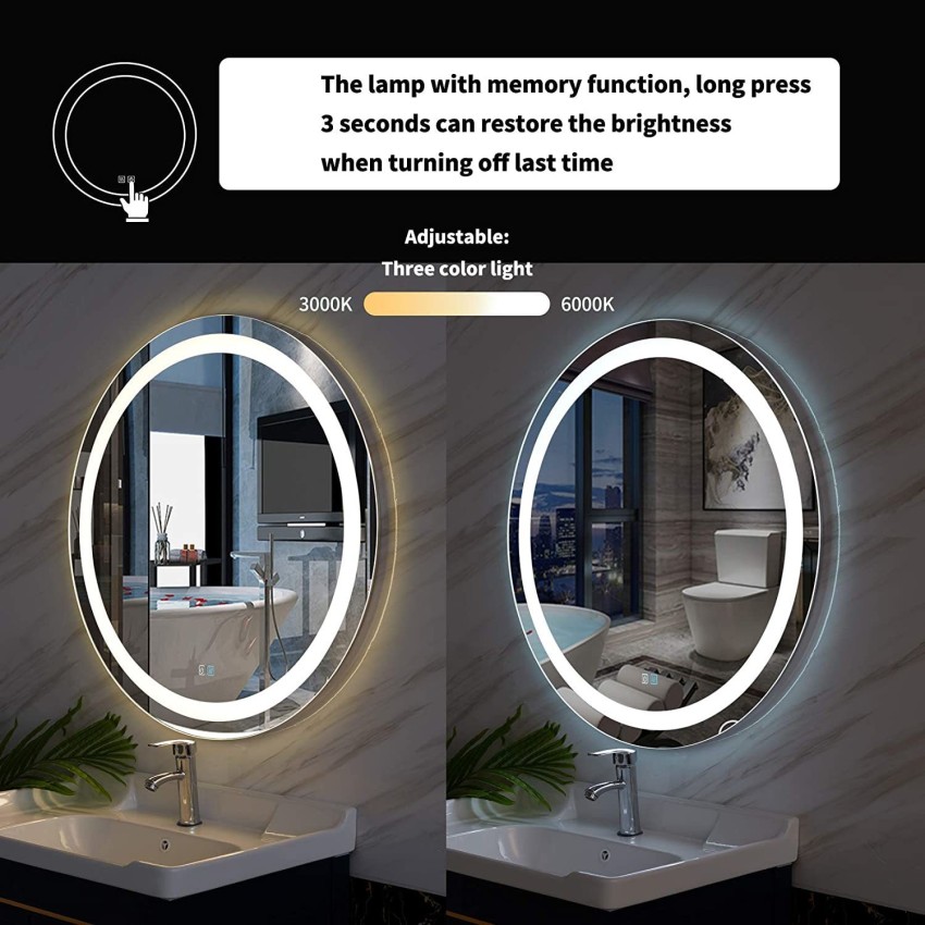 PRISHNA LED Lights Lighted Bathroom Mirror, Makeup,Vanity,Office Mirror  Wall Mounted Backlit Frameless Large Round Mirror, Memory Touch, (24 Inch  Round Mirror, White Light, Warm Light) Lighted Mirror Price in India - Buy