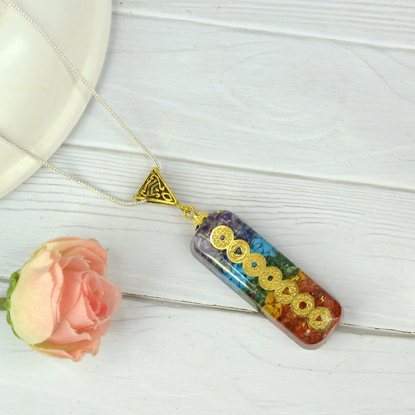 REIKI CRYSTAL PRODUCTS 7 Chakra Orgone Pendant Natural Orgonite Pendant Reiki Healing Stone Pendant With Silver Polish Metal Chain Amethyst Carnelian Lapis Lazuli Citrine Quartz Jade Agate Quartz Crys...