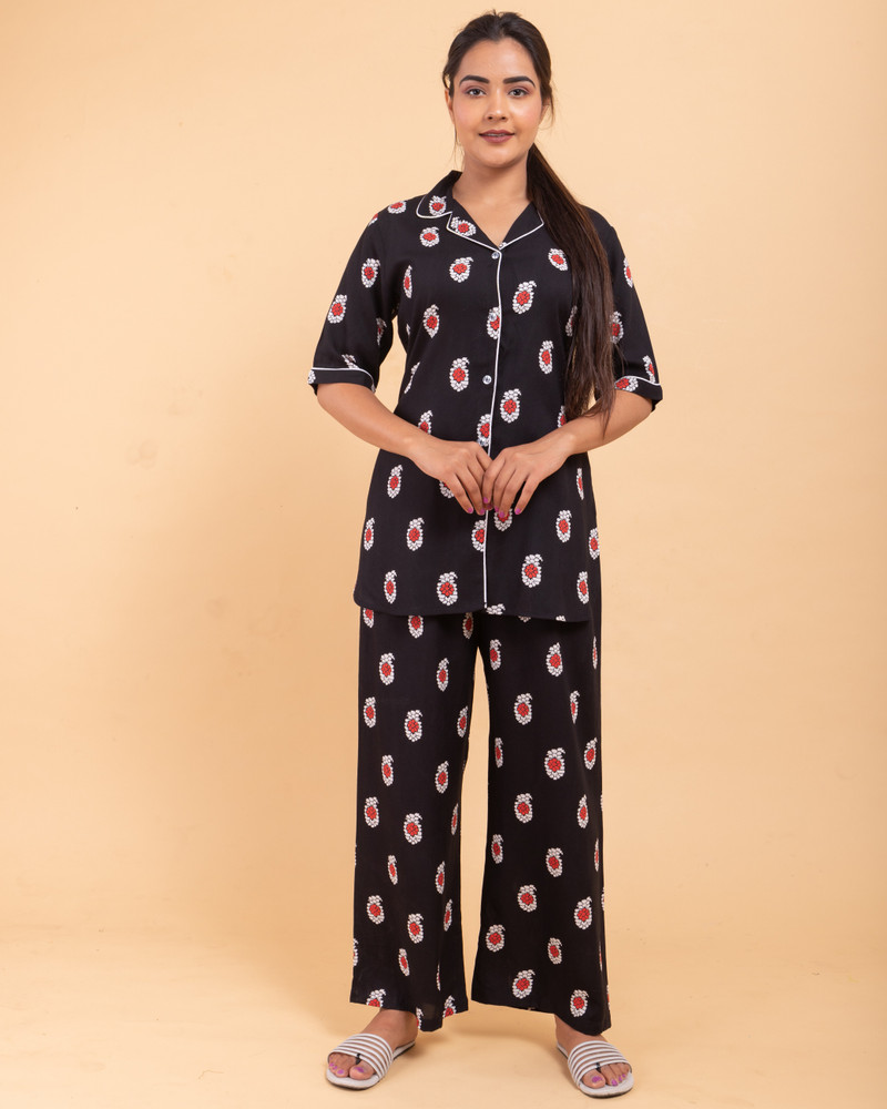 DAMMODE Women Printed Black Shirt Pyjama set