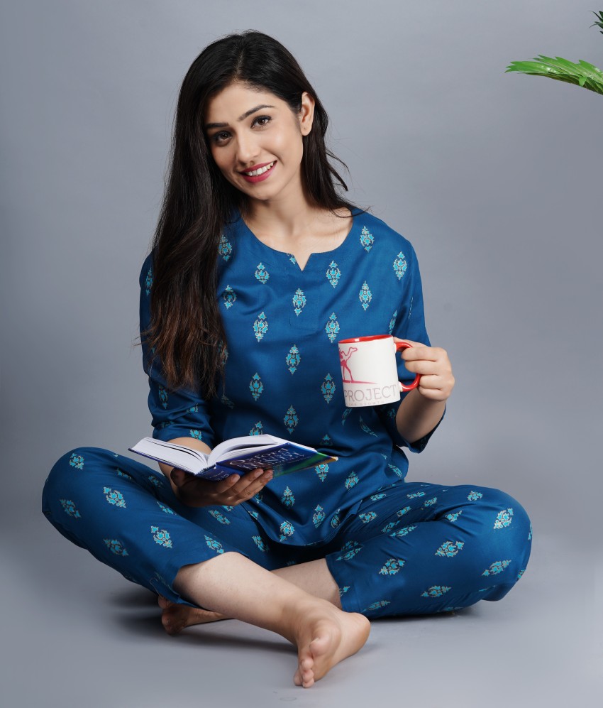 Chiranjiv Women Printed Blue Top Pyjama Set Price in India Buy