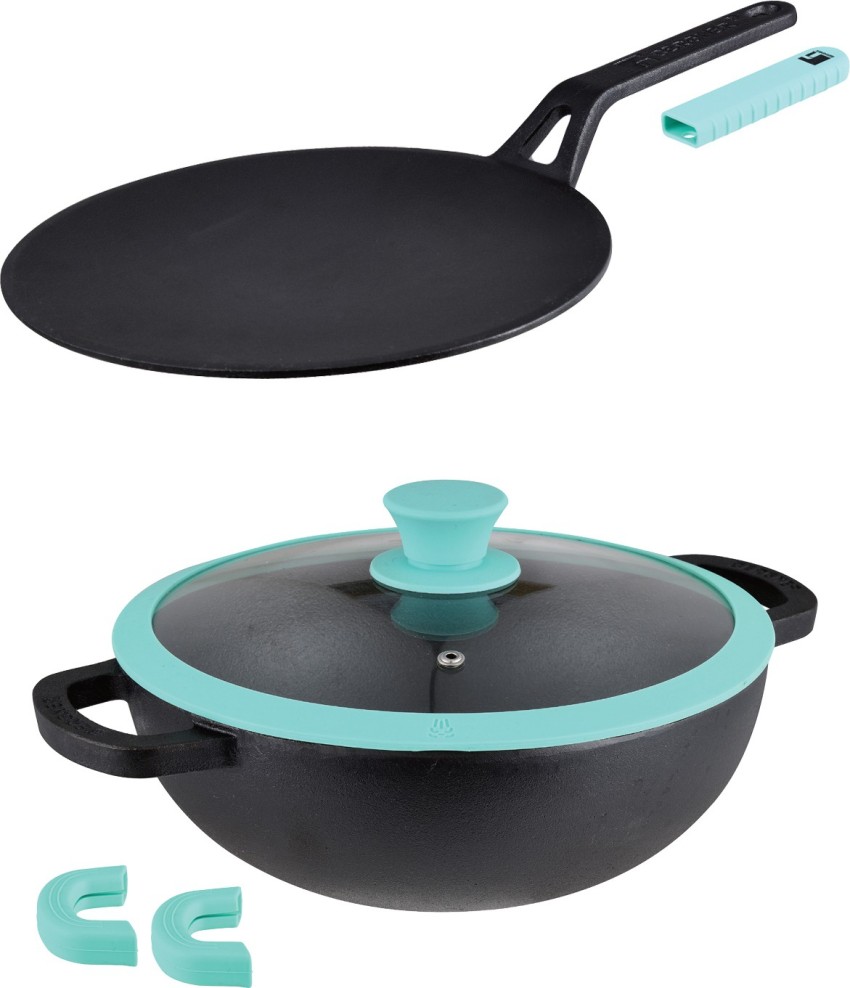 Elements Pre-Seasoned Cast Iron Kadai with Glass Lid, Induction