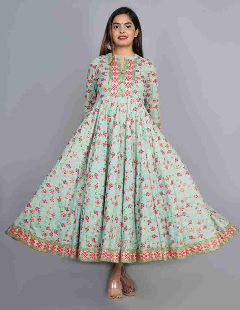 Turquoise Cotton Embroidery Anarkali Kurti Leemboodi, 41% OFF