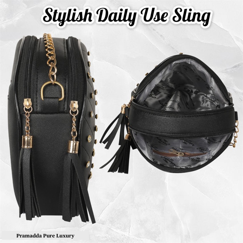 Pramadda Pure Luxury Black Shoulder Bag Stylish Casual Round Beads leather  Sling bags for Girls Women, handbags for girls and ladies stylish, chain  sling bag for girls