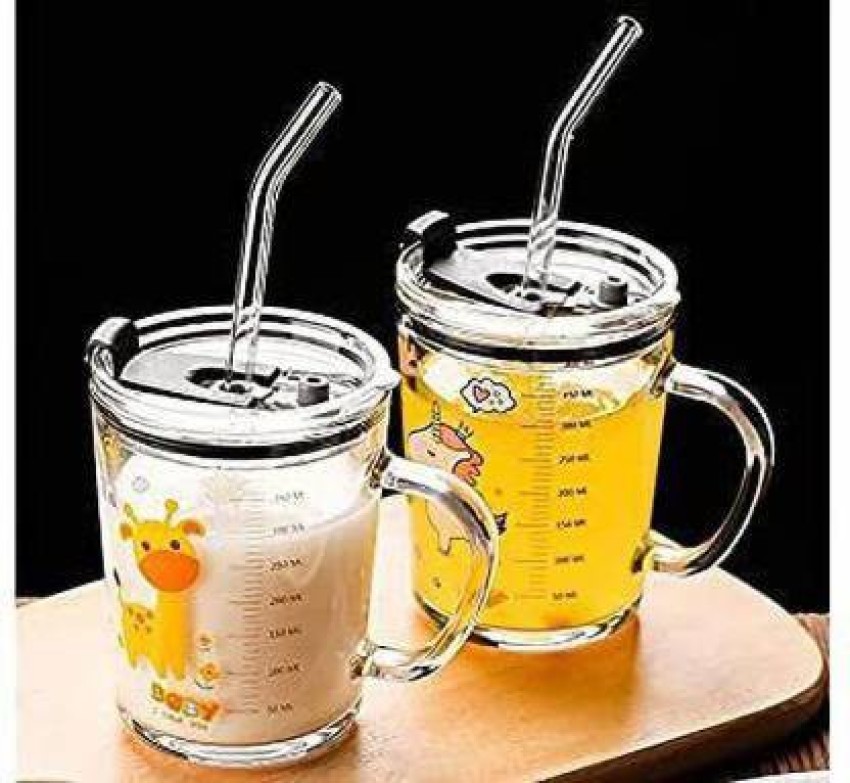 Printed Teddy bear Measuring Glass Mug With Straw And Cover 350 Ml