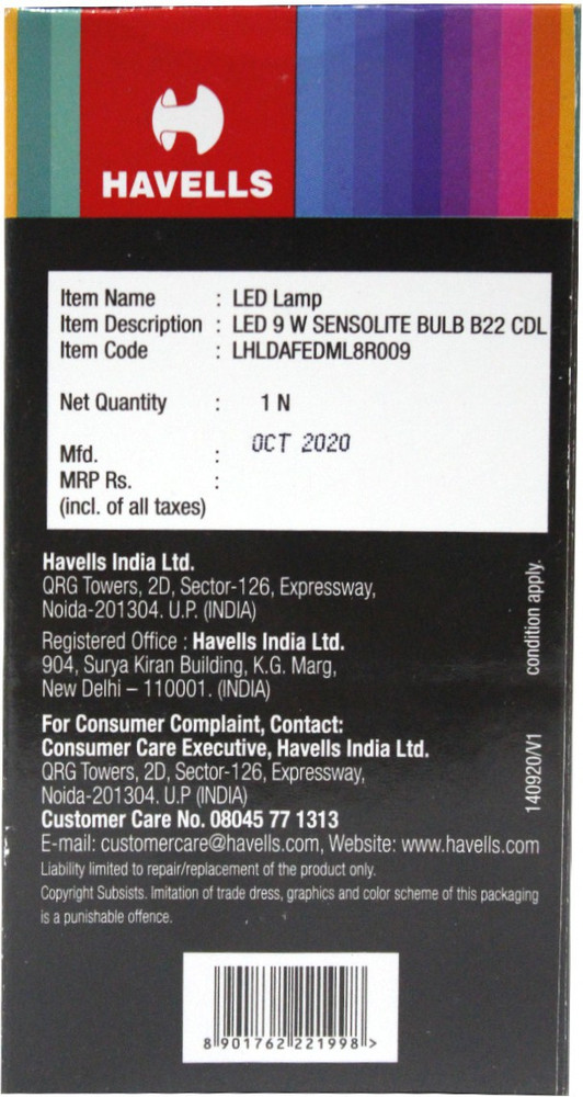 HAVELLS 9W LED SENSOLITE MOTION SENSOR BASED BULB PACK OF 2 0