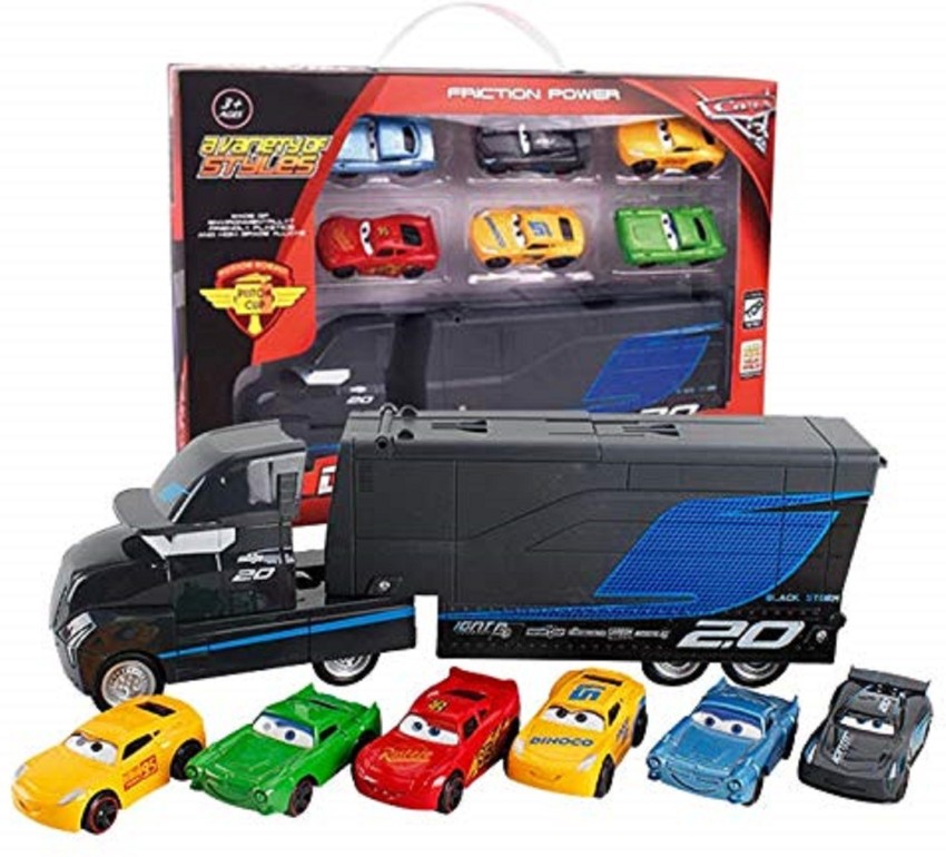 KTRS 7 Pieces Car Set McQueen Mack Uncle Truck Container Truck Toy Car Carrier Truck Toys Truck with 6 Cars Toy Cars playset Attractive Cars Inside for Kids Multi Color Magic Track