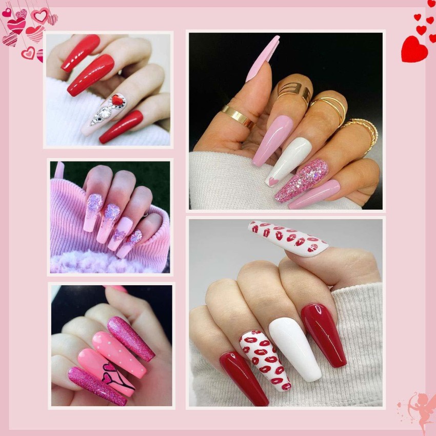 Valentine's Day Long Ballerina Fake Nail Tips With Design Coffin False Nails  Set