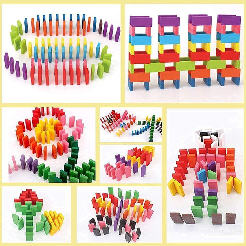 PEZYOX 240 pcs 12 Color Wooden Dominos Blocks Set Kids Game