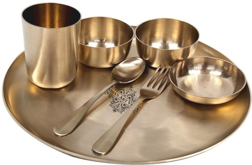 IndianArtVilla Pack of 7 Brass Matt Finish Dinner Set- 1 Thali, 2 Bowl, 1  Small Bowl, 1 Glass, 1 Fork&1 Spoon Dinner Set Price in India - Buy  IndianArtVilla Pack of 7