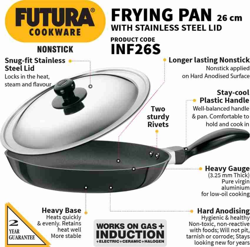 HAWKINS Futura 30 cm Frying Pan, Non Stick Fry Pan with Stainless Steel  Handle and Stainless Steel Lid, Induction Frying Pan, Big Frying Pan, Black