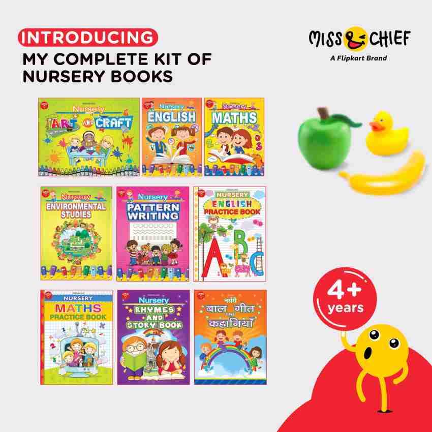 Educart Nursery School Kit (School Bag+8 Books For 3-5 Years)Of English &  Hindi Alphabets, Picture Book, Rhymes And Balgeet, Capital Letter Writing,  Akshar Aabha, Target Number, Drawing Books For Kids: Buy Educart