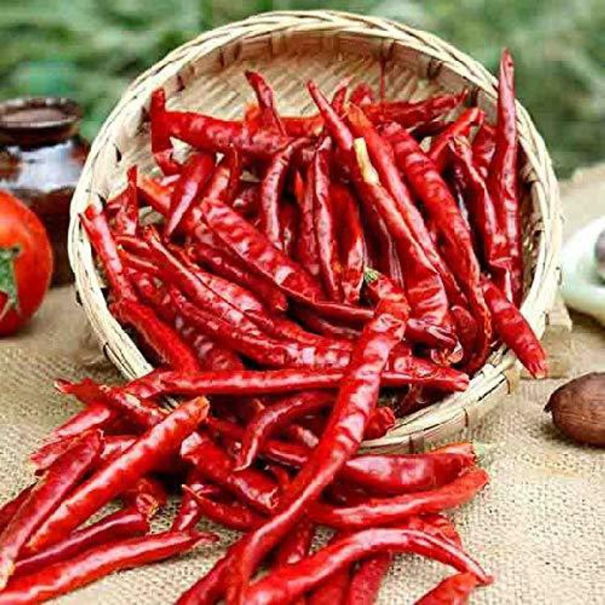 Dry red chillies in a bag.