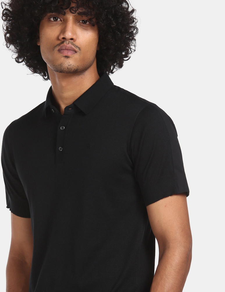 solid men polo neck black t shirt