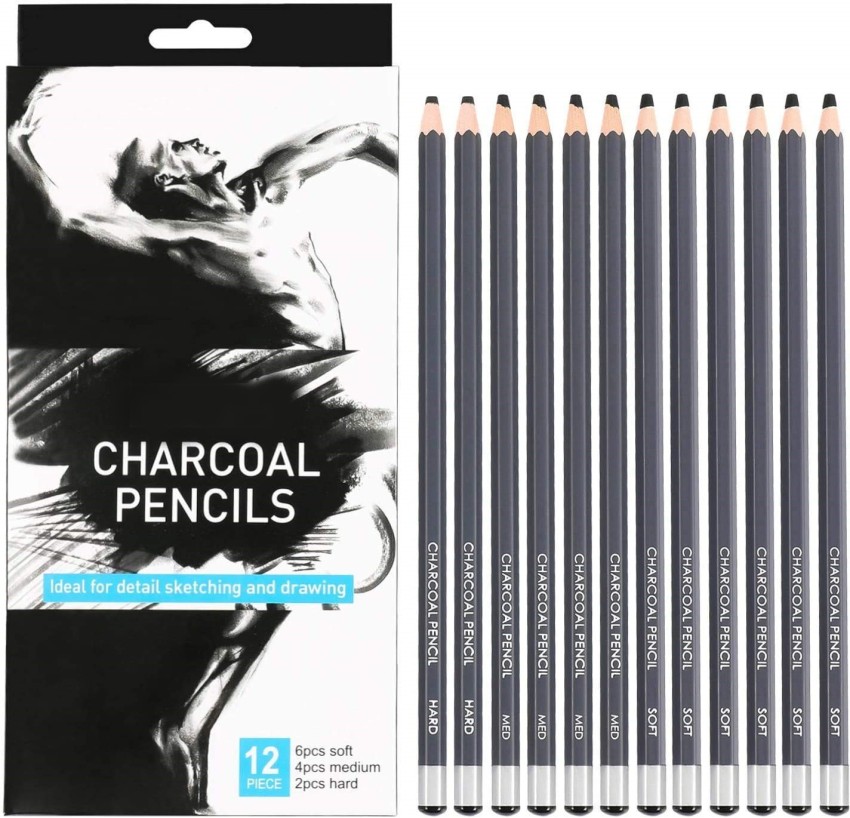 MARKART Professional Charcoal Pencils Drawing Set - 10 Pieces Soft Medium and Hard Charcoal Pencils for Drawing, Sketching, Shading