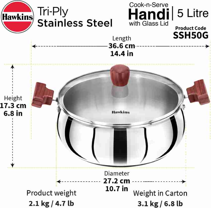 Hawkins Tri-Ply Stainless Steel Induction Compatible Deep Kadhai (Deep-Fry Pan) with Glass Lid, Capacity 4 Litre, Diameter 28 cm