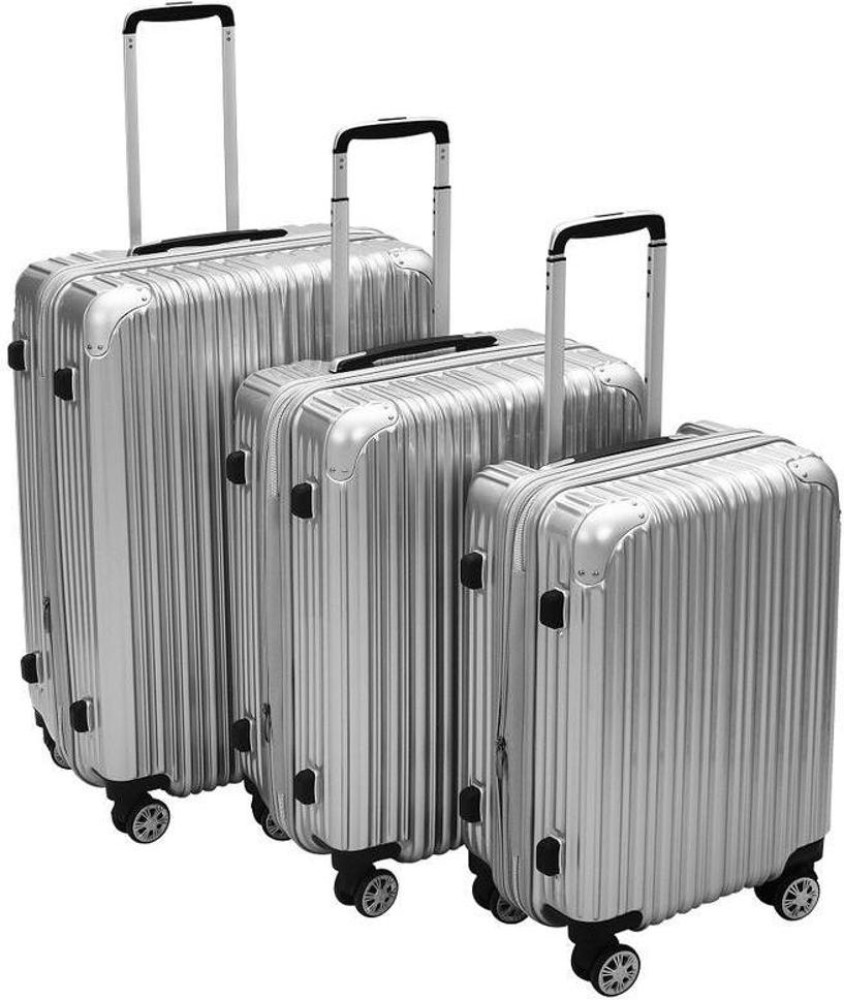 I CASE Luggage Suitcase Trolley Bag Silver Set Of 3 Expandable Cabin Check in Set 4 Wheels 28 inch Silver Price in India Flipkart