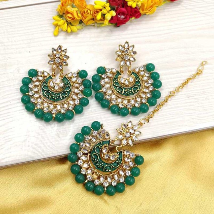 Brass WeddingParty Wear Indian Artificial Earrings With Maang Tikka