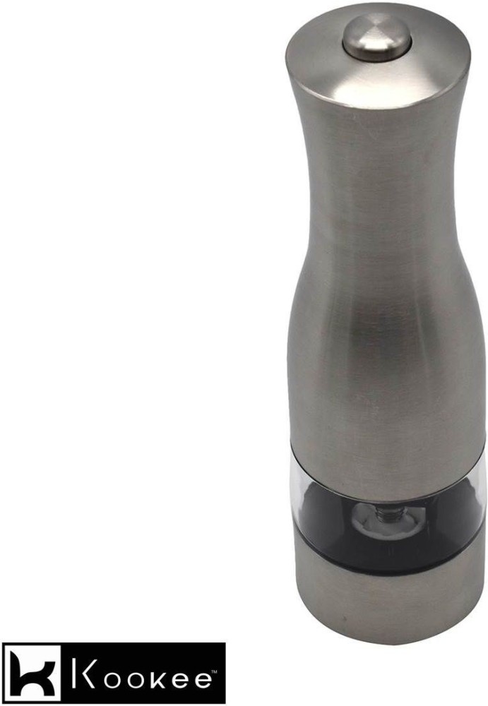 Stainless Steel Refillable Spice Grinder Mill for Salt, Pepper, and Seasoning - Thumb Operated Push Button for One Hand Grinding, Silver