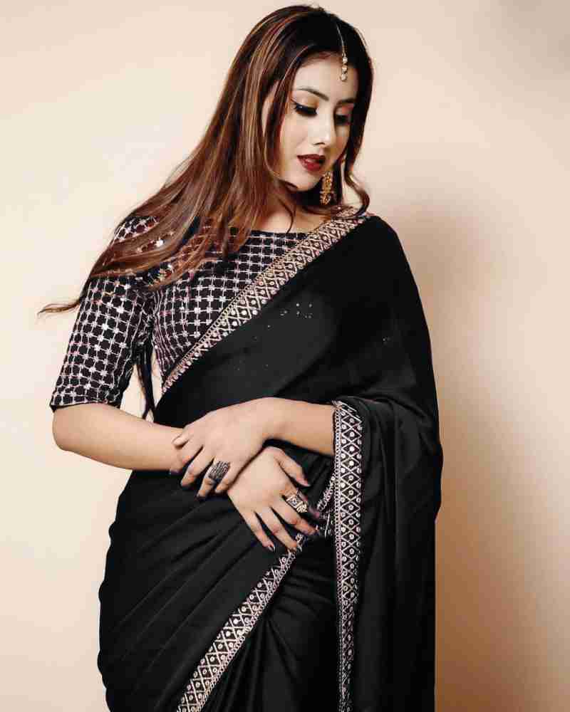 Buy Nxika Solid/Plain Bollywood Silk Blend Black Sarees Online @ Best Price  In India