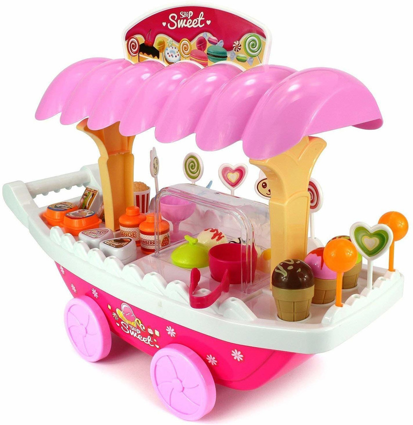 LAKSH FASHION Sweet Shop Ice Cream Cart Toy for Kids Pretend Play Toy for Kids Under 7 Year Big Size Multi Color 37 Pieces Sweet Shop Ice Cream Cart Toy for Kids