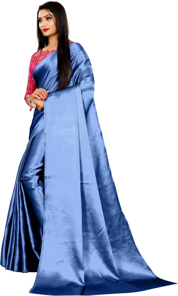 Buy ZINLORIZ Solid/Plain Bollywood Satin Blue Sarees Online @ Best Price In  India