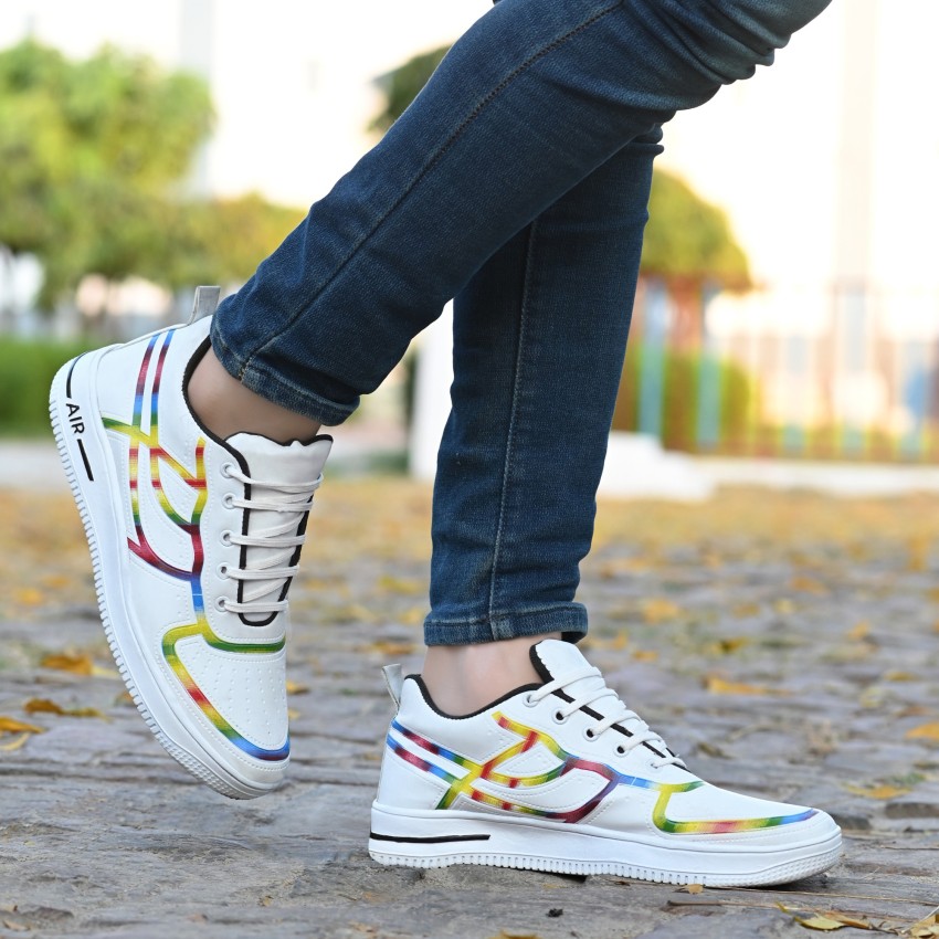 White sneakers sale with rainbow