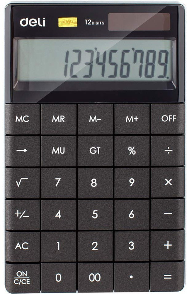 Deli W1589P Modern Compact Calculator 12 Digit Black with Rubber Keys Basic Calculator