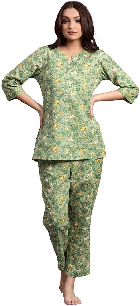 Jisora Women Printed Green Night Suit Set Price in India - Buy