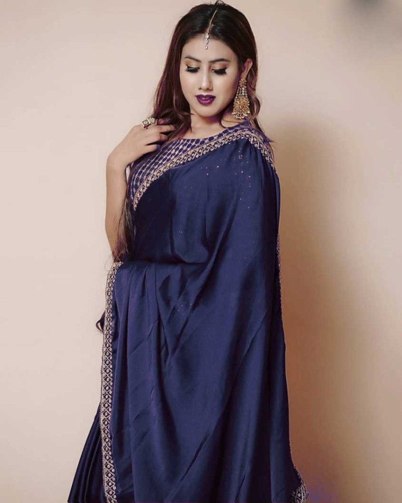 Buy SkyTara Solid/Plain Bollywood Silk Blend Dark Blue Sarees