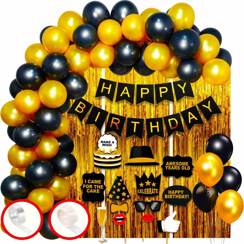 Party Propz Set of 53 Pcs Combo pack of Golden, Silver, Black Metallic  balloons with 2 Pc Silver Fringe Curtain & 1 golden happy birthday foil