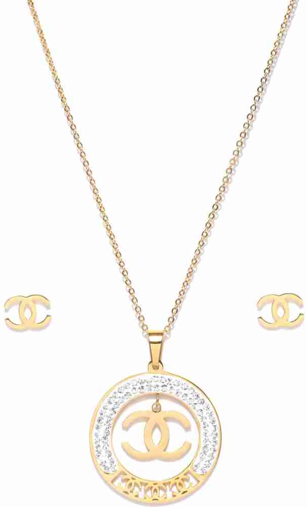 SPARGZ Chanel Pendant Necklaces & Stud Earrings For Women Gold