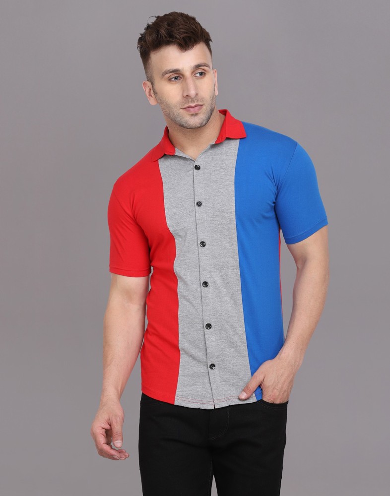 half red half blue shirt