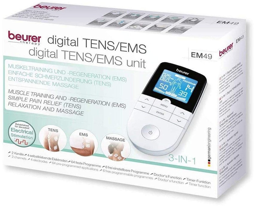 Beurer EM49 Electroestimulador digital masaje EMS TENS, pantalla LCD, 2  Canales, 4 Electrodos autoadhesivos + 8 electrodos de recambio