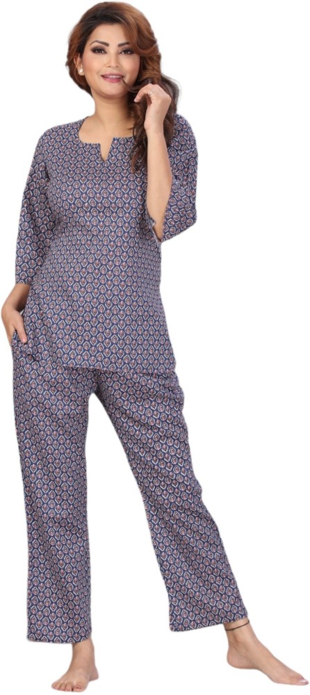 M Grace Women Printed Blue Top Pyjama Set Price in India Buy M