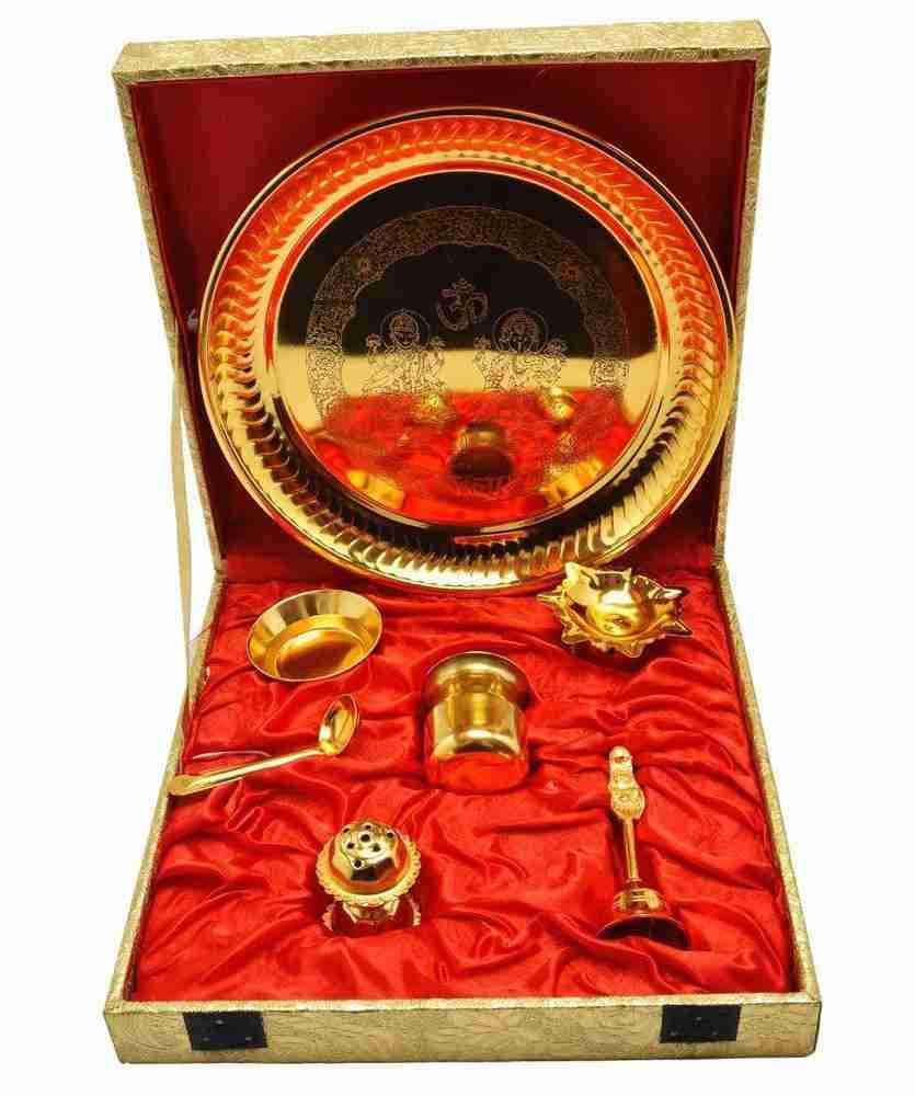 Spillbox Traditional Handcrafted Brass Puja Pooja ThaliAarti Bartan Plate  Set for Several Occasions- Ring Plate Small Puja Set(Diya Bell dhoop)